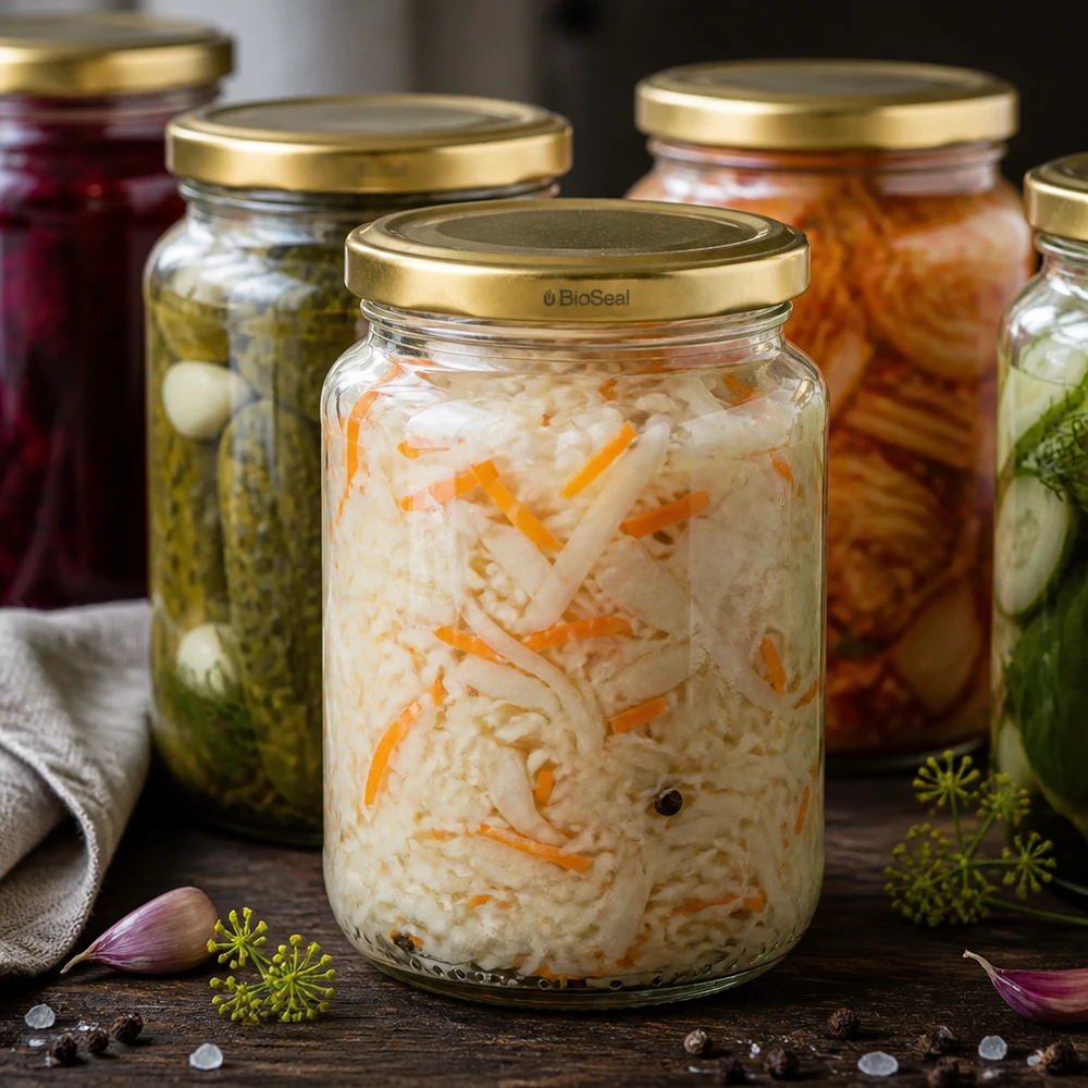 382ml Verre rond avec couvercle BioSeal or UNiTWIST UNiTWIST Runda382 Bocal rempli de légumes marinés, couvercle TO66 BioSeal doré, fermentation et mise en conserve