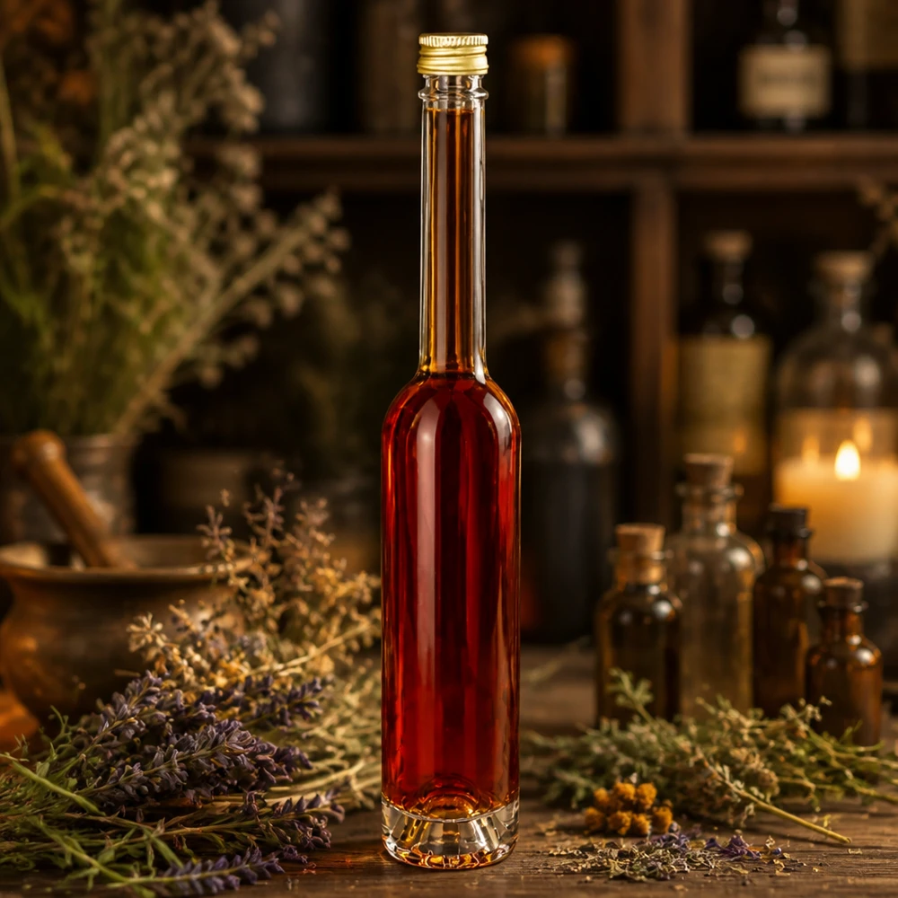 Bouteille en verre Toni de 100 ml remplie de liquide rouge dans une ambiance d'herbes - bouchon doré UNiTWIST