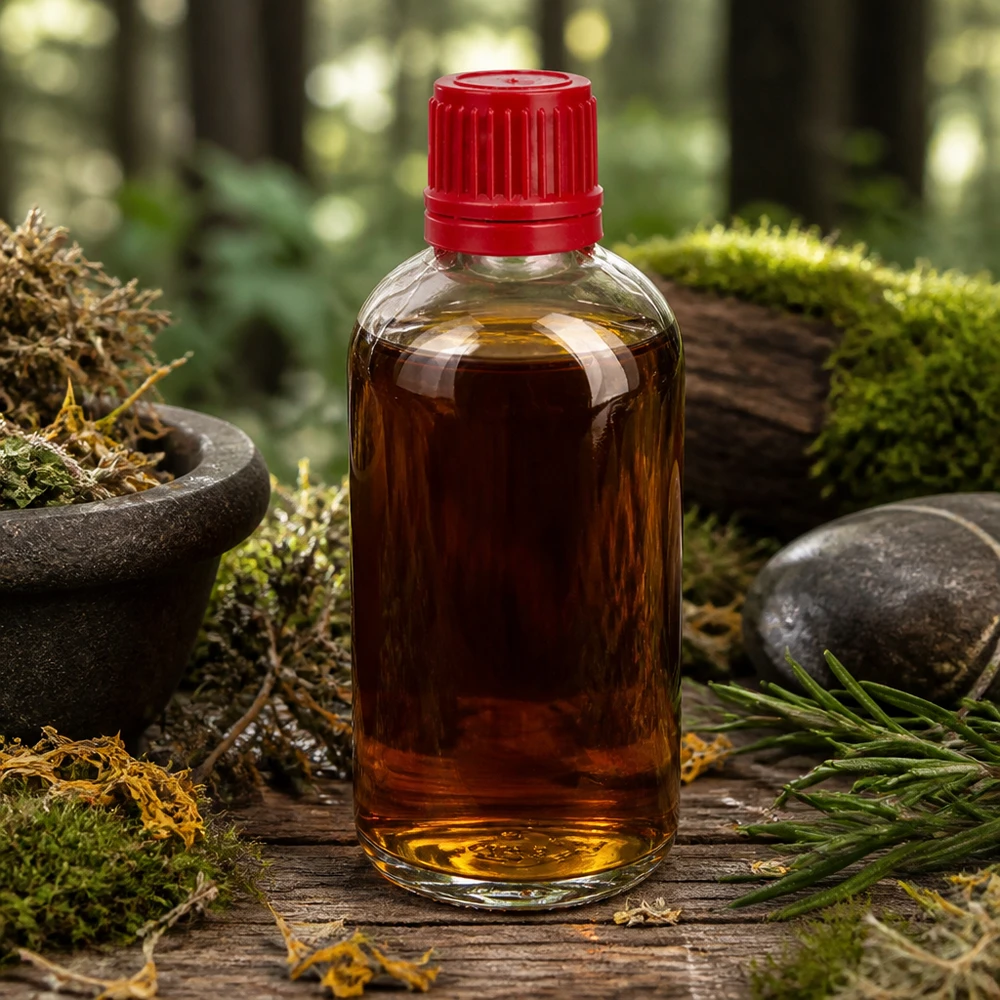 Flacon transparent de 100 ml avec un bouchon rouge, posé parmi la mousse et des herbes sauvages dans un décor forestier