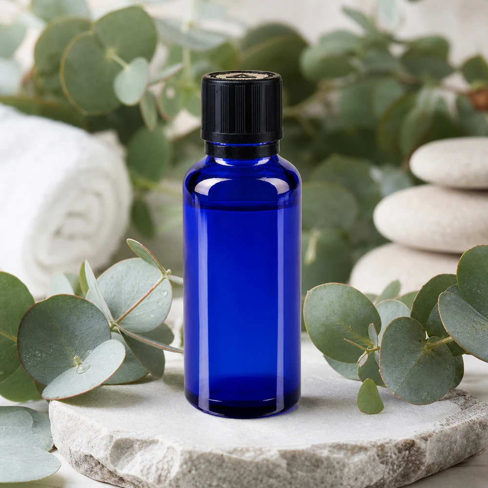 flacon à pharmacie bleu 30ml bouchon inviolable 1mm noir séc. enf. ada.a.ave. bouchon inviolabilité Flacon en verre bleu de 30 ml muni d'un compte-gouttes de 1 mm, entouré de brins d'eucalyptus frais