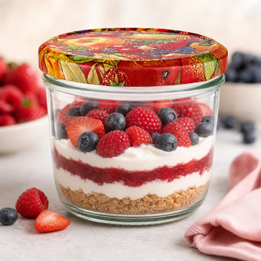 230ml Verre conique avec couvercle BasicSeal décor fruits UNiTWIST Verre renversé de 230 ml avec couvercle BasicSeal à décor de fruits rempli d'un dessert stratifié à base de baies, de crème et de fond de biscuit