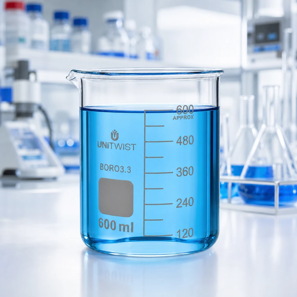 Bécher de laboratoire transparent de 600 ml, de forme basse, destiné aux applications chimiques UNiTWIST