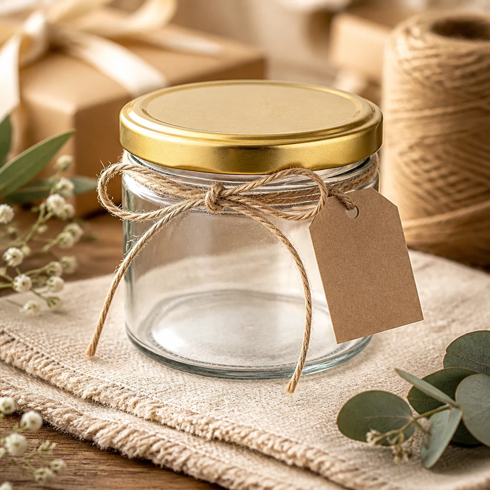 540ml verre rond avec BasicSeal couvercle doré vide décoré avec boucle en jute étiquette cadeau ambiance rustique