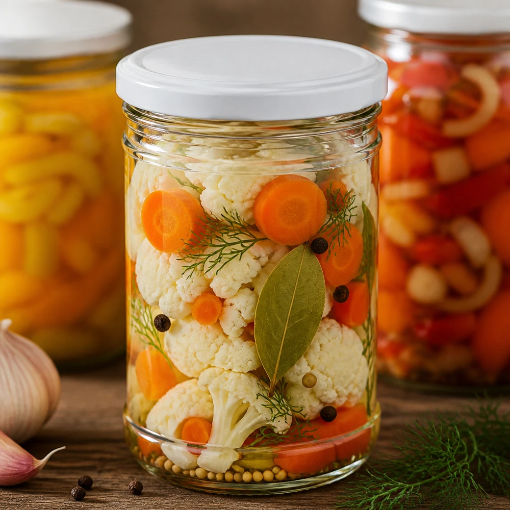 1053ml Verre conique avec couvercle BasicSeal blanc UNiTWIST 1053ml bocal rempli de légumes marinés carottes chou-fleur aneth montre une utilisation pratique comme bocal de conservation