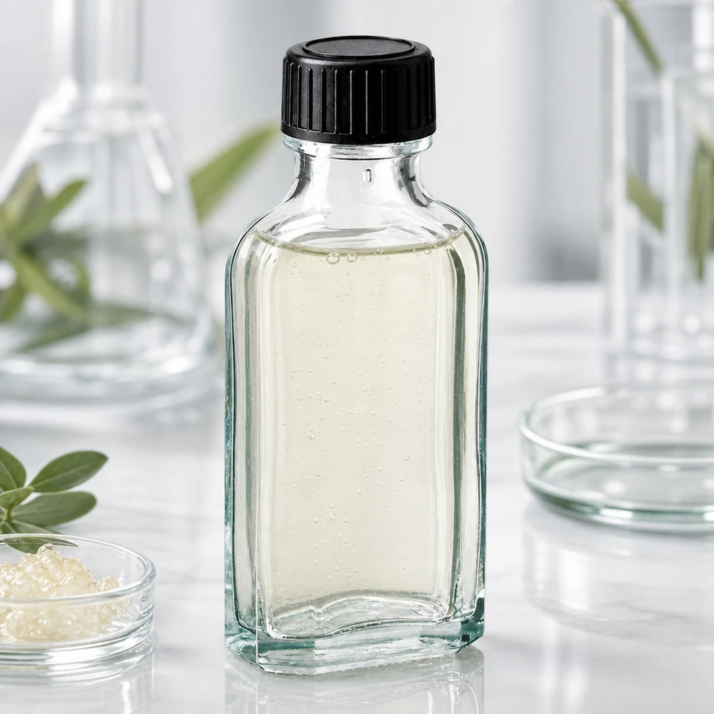 Flasque transparente de 50 ml au goulot DIN 22, avec bouchon à vis DIN 22 noir et joint LKD Flacon Meplat de 50 ml contenant un liquide légèrement jaunâtre et des bulles d'air, dans un environnement de laboratoire