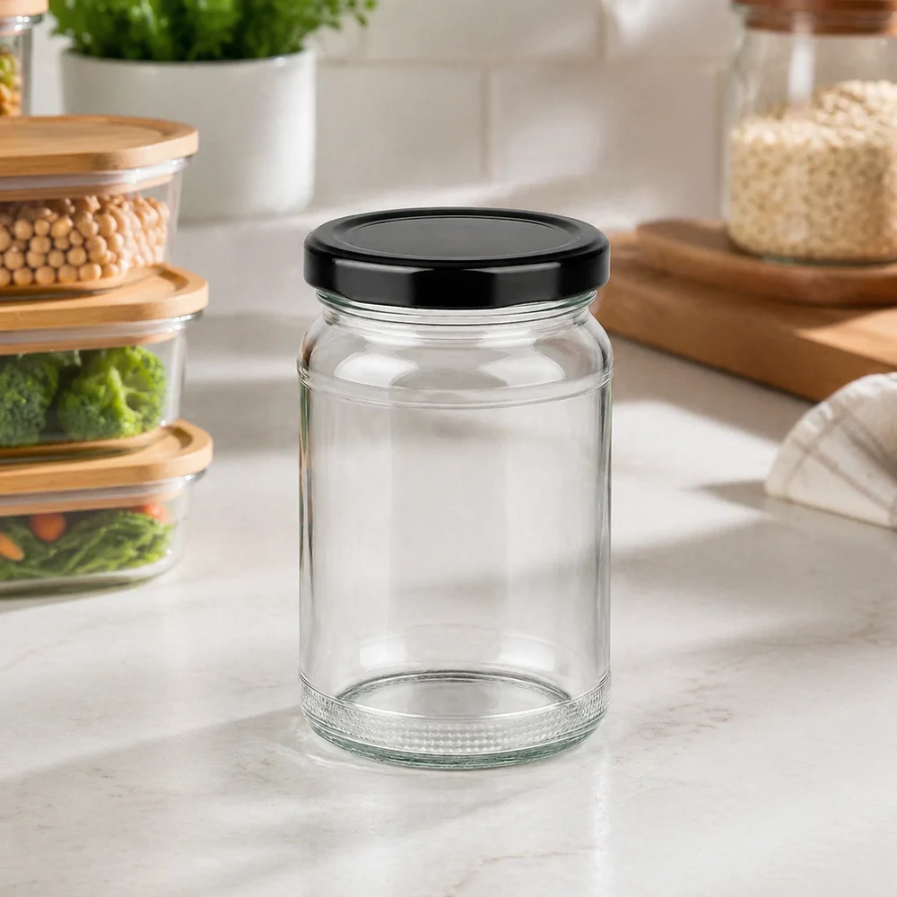 110ml Verre rond avec couvercle BasicSeal noir UNiTWIST Verre rond 110ml UNiTWIST dans une cuisine moderne sur un plan de travail avec des boîtes à provisions en arrière-plan