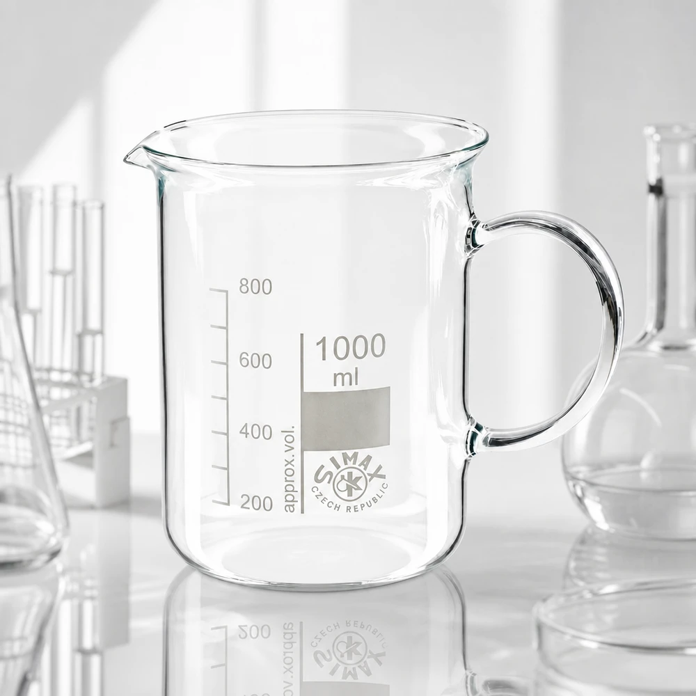 Bécher avec poignée 1000ml en verre borosilicate résistant à la chaleur (forme normale) Verre à bec cylindrique de 1 litre, muni d'une anse et d'une échelle graduée imprimée