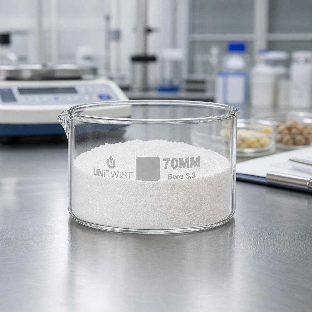 Coupelle de cristallisation en verre borosilicaté, ø 70 mm, UNiTWIST, contenant des cristaux de sel, dans un environnement de laboratoire professionnel