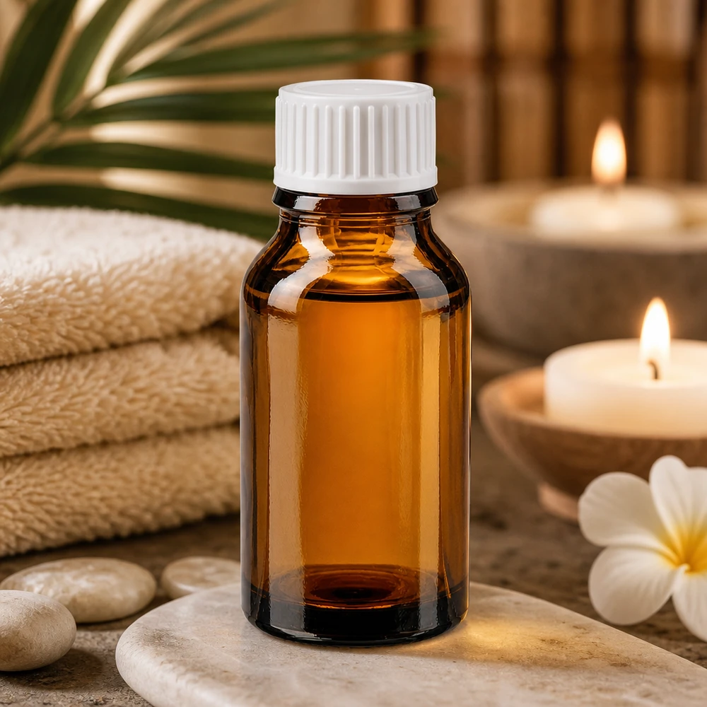 Petite bouteille en verre brun de 15 ml pour huiles essentielles, avec bouchon blanc et décoration « bien-être »