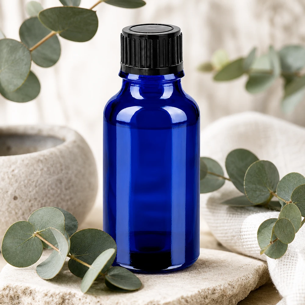 Flacon 20ml 11mm SV noir STD BlueLine UT18/20 Bouteille Premium 20ml avec protection UV grâce au verre bleu et au bouchon standard noir