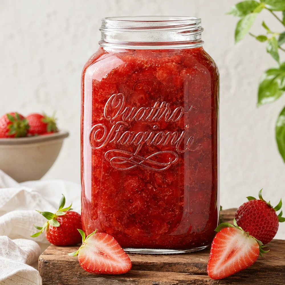 Quattro Stagioni Pot ménager 3800ml rempli de confiture de fraises rouges, entouré de fraises fraîches sur planche en bois
