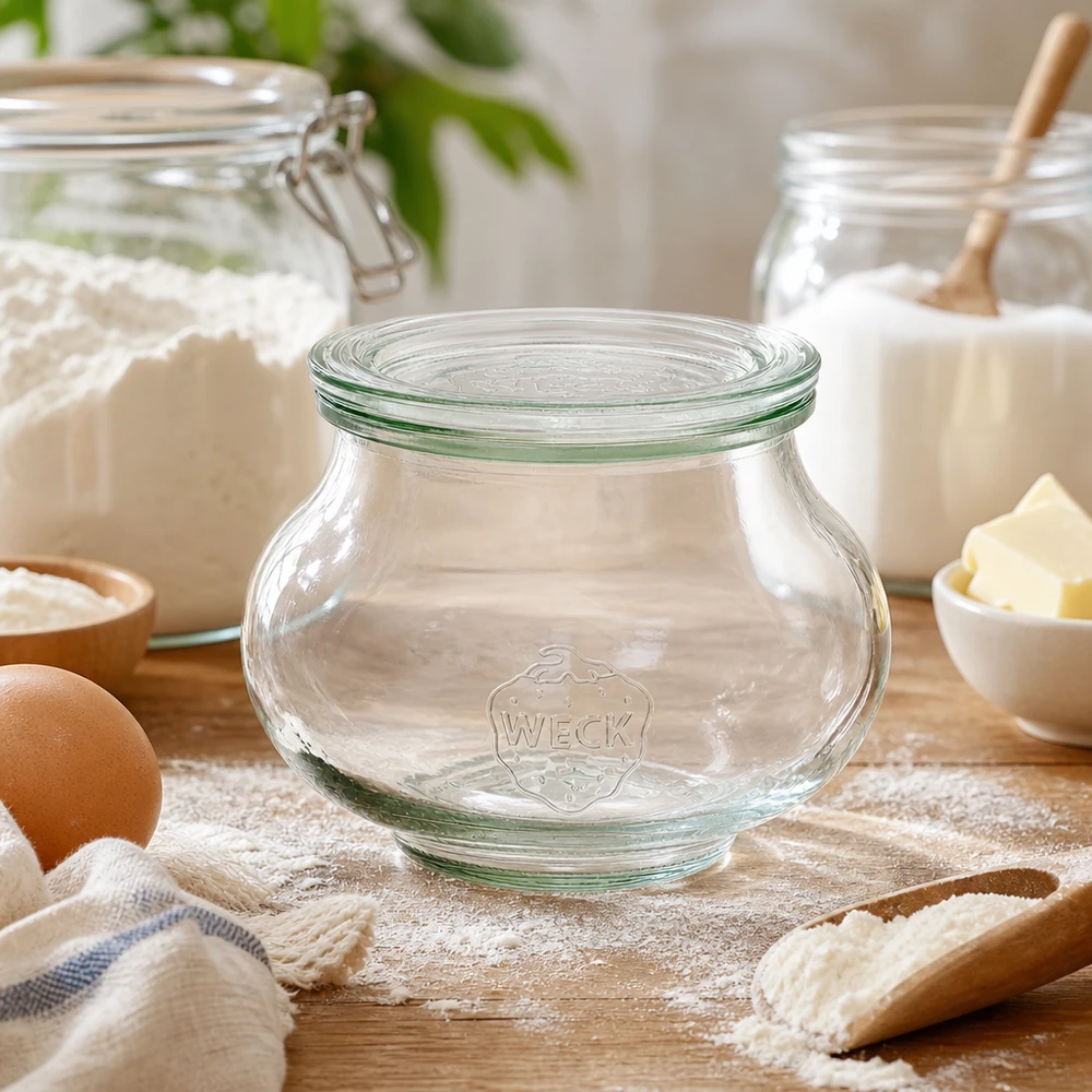 Bocal décoratif de 560 ml avec couvercle en verre WECK RR80 WECK Pot à bijoux 560ml RR80 vide dans la boulangerie entre la farine les œufs et les ingrédients de cuisson pour la conservation des ingrédients