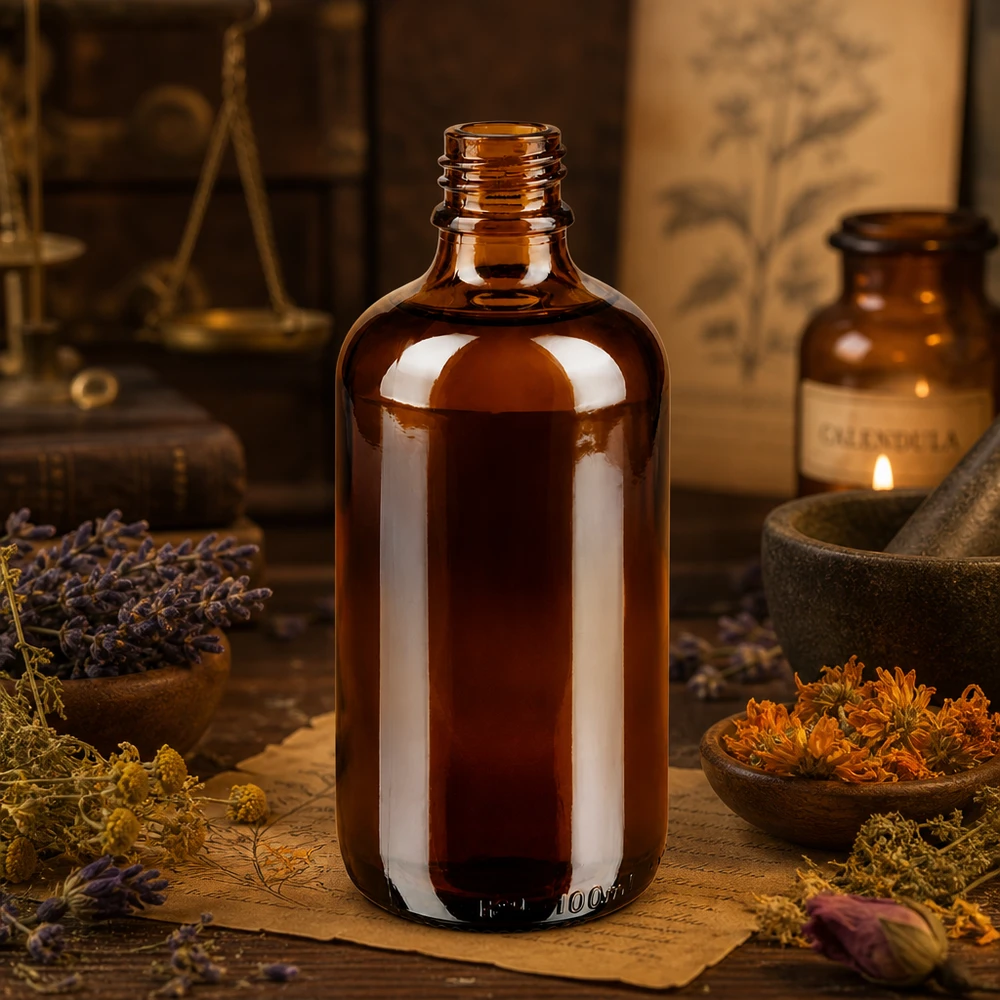 Flacon à pharmacie marron 100ml ApoGlas Bouteille de pharmacie brune de 100ml ApoGlas avec des herbes médicinales séchées et mortier dans une herboristerie traditionnelle