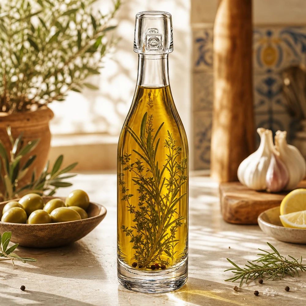 Bouteille en verre de 50 ml sans bouchon mécanique UNiTWIST Bouteille en verre de 50 ml UNiTWIST remplie d'huile d'olive et d'herbes aromatiques cuisine méditerranéenne olives ail romarin décoration