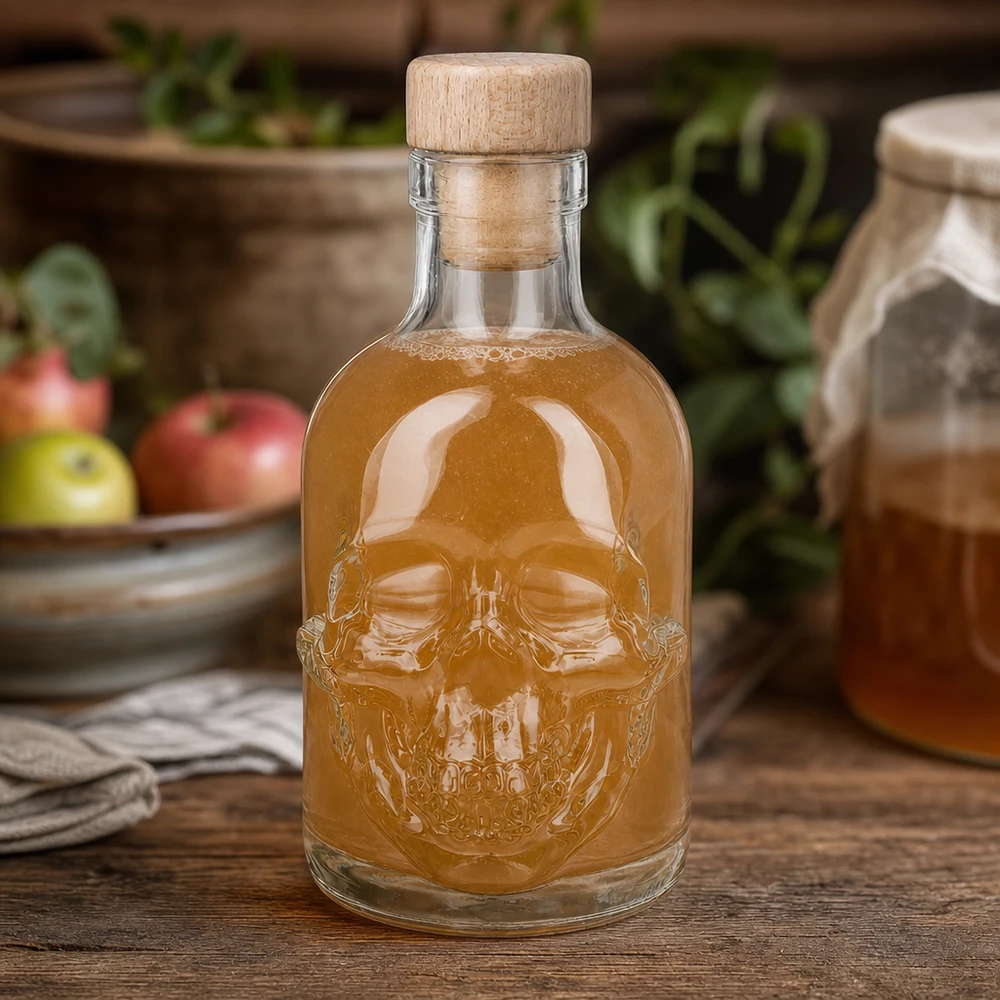 Bouteille en verre 200 ml « Jack » avec bouchon en bois UNiTWIST® Bouteille en verre Jack à tête de mort de 200 ml remplie d'ambre dans une ambiance de cuisine avec des pommes et des pots d'herbes aromatiques