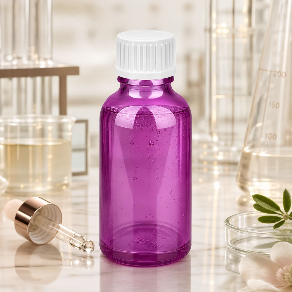 Flacon de 30ml (globules). Anneau de coulée 3mm blanc Standard PurpleLine. UT18/30 Purple Flacon en verre 30ml avec protection UV pour les substances sensibles à la lumière