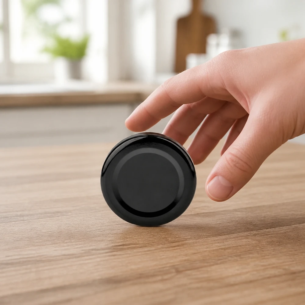 Couvercle métallique UNiTWIST BasicSeal noir, forme ronde de 43 mm, posé sur une surface en bois naturel