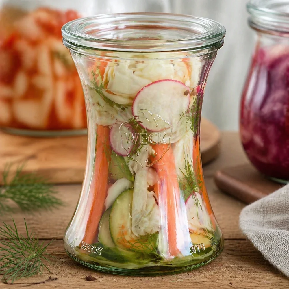 Bocal en verre de 370 ml avec couvercle en verre WECK RR80 WECK Pot d'épicerie fine 370ml RR80 rempli de légumes marinés et d'aneth montre une utilisation polyvalente pour la mise en conserve