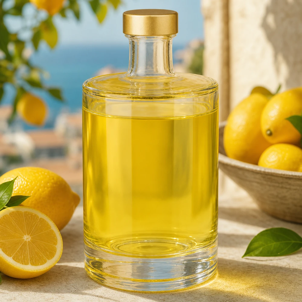 Bouteille en verre de 500ml Sam remplie de liquide jaune à côté de citrons ambiance méditerranéenne UNiTWIST bouchon doré