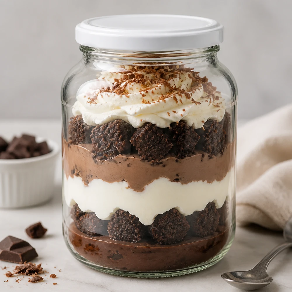 Verre ovale de 370 ml UNiTWIST avec couvercle blanc BasicSeal rempli de dessert au chocolat Tiramisu parfait pour une portion