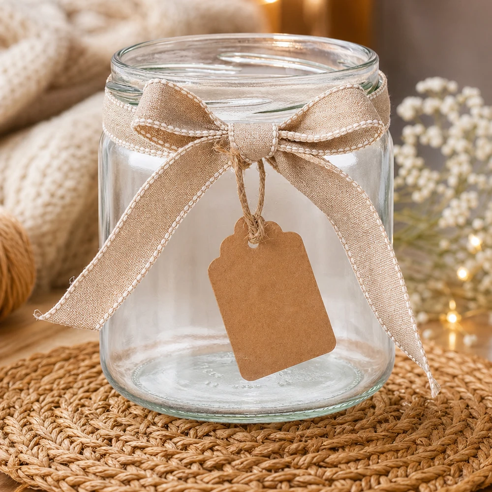 408ml Verre rond sans couvercle (TO82) UNiTWIST UNiTWIST Runda408 Verre rond 408ml TO82 décoratif avec ruban et pendentif comme emballage cadeau sur natte tressée