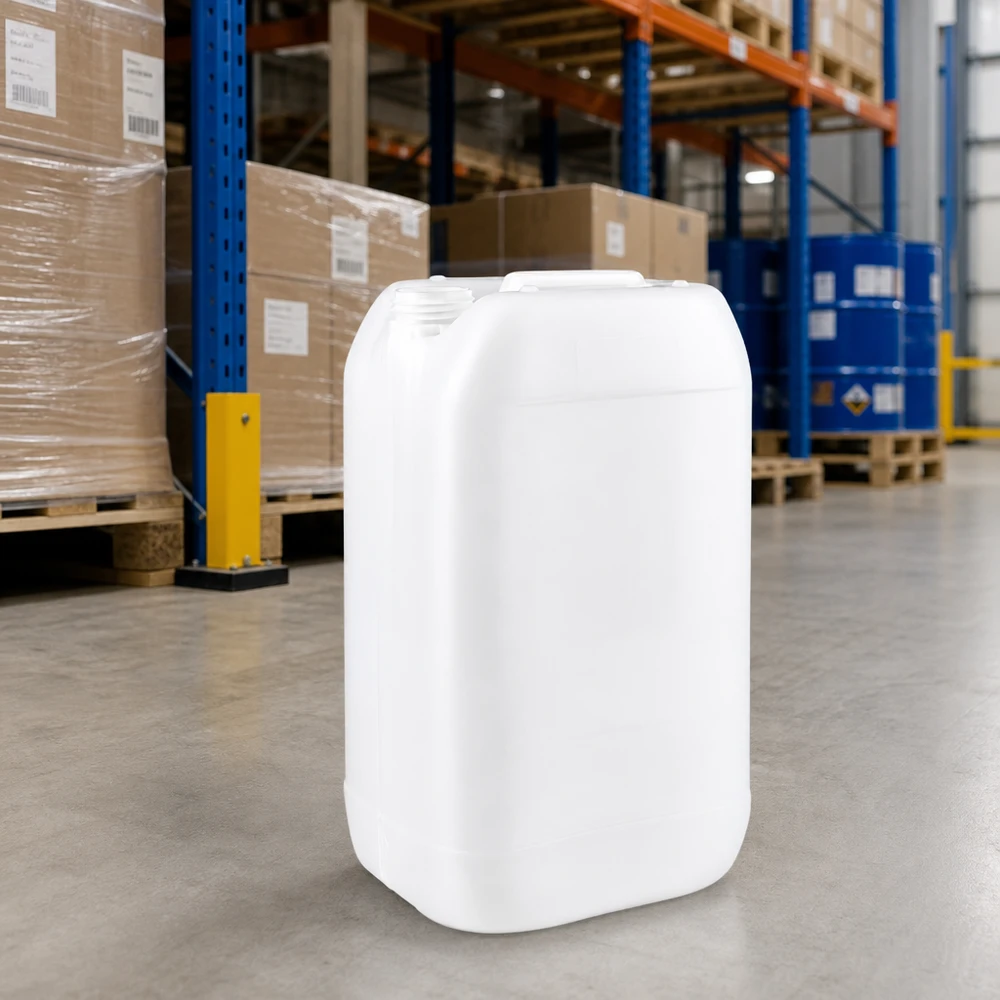 Jerrican de 15 litres sans bouchon Bidon en plastique vide et robuste de 15 litres, sans couvercle, posé sur un sol en béton dans un entrepôt