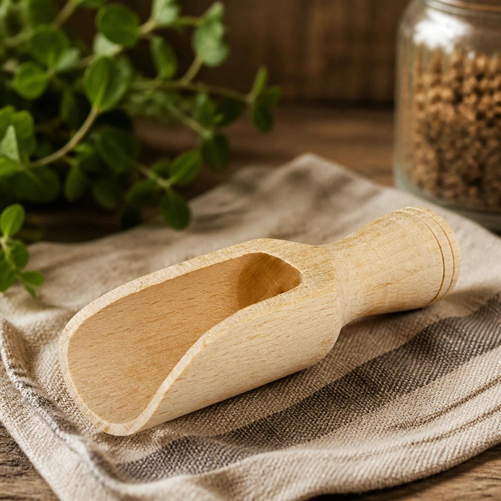 Pelle en bois taille S forme semi-circulaire - 75mm de long Pelle en bois S en hêtre 7,5cm sur toile de lin avec herbes et verre à épices équipement de cuisine naturel