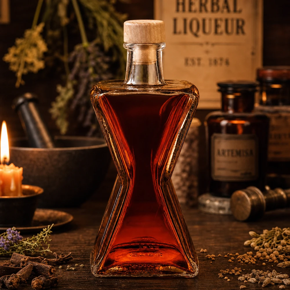 Bouteille en verre Star de 200 ml remplie de liqueur d'herbes rouges - bouchon en bois UNiTWIST dans un environnement de pharmacie atmosphérique