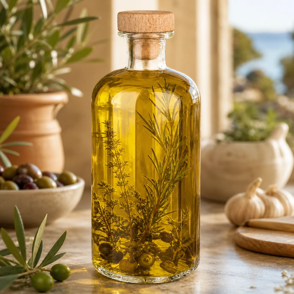 Flacon à pharmacie « Flora » 500 ml avec bouchon en bois UNiTWIST® Bouteille en verre Flora 500ml remplie d'huile aux herbes entre olives romarin et ail ambiance cuisine méditerranéenne