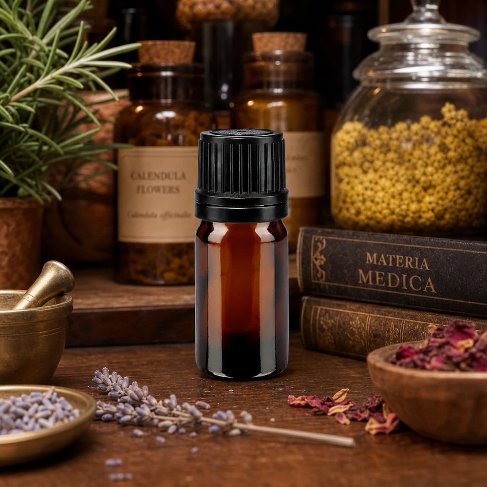 Flacon de pharmacie brun 5ml bouchon vissable noir bague de coulée bouchon d'inviolabilité Flacon compact en verre brun de pharmacie de 5 ml avec bouchon OV, à côté de fleurs de calendula et de pétales de rose