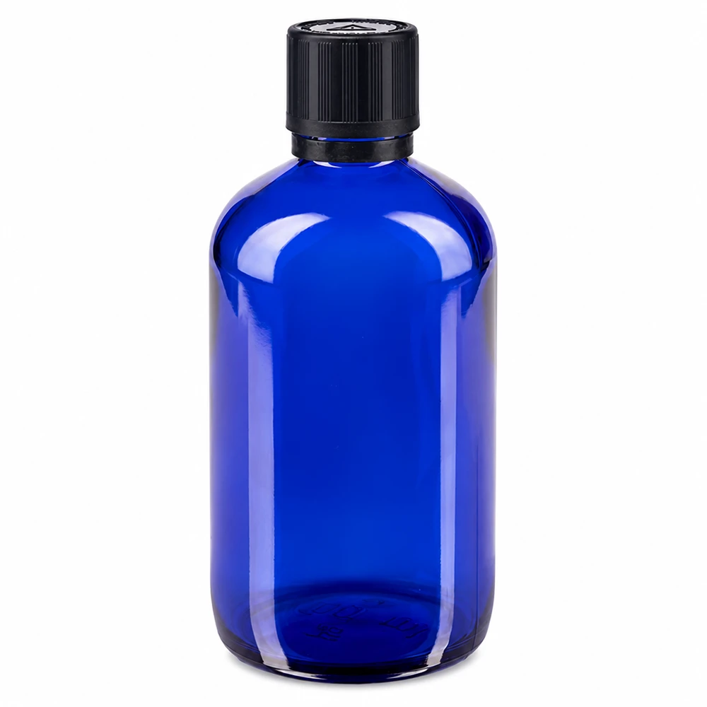 Flacon en verre bleu de 100 ml muni d'un bouchon compte-gouttes et d'un bouchon à vis noir à l'épreuve des enfants