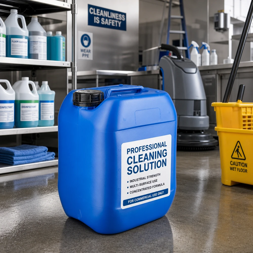 Bidon rectangulaire bleu de 10 litres, muni d'une poignée antidérapante et d'un bouchon OV