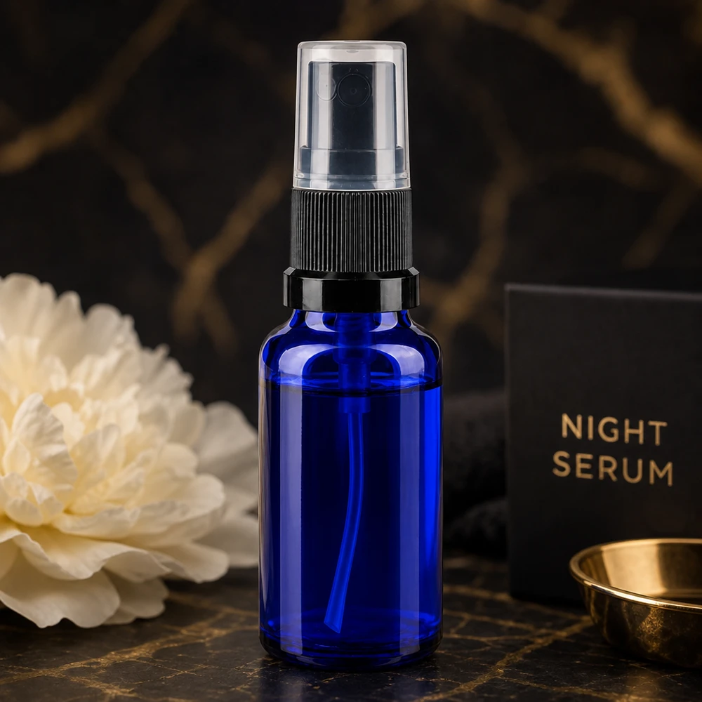 Flacon à pharmacie bleu 20ml embout spray noir Flacon vaporisateur en verre haut de gamme de 20 ml, bleu cobalt, avec pompe vaporisatrice, pour sérum visage