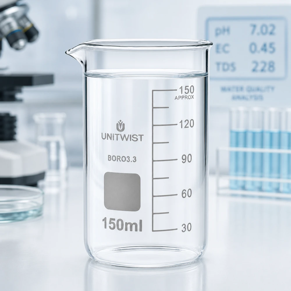 Bécher 150ml borosilicate, forme haute UNITWIST Bécher de 150 ml, forme haute, UNITWIST, borosilicate 3.3, avec en arrière-plan une analyse de la qualité de l'eau (pH 7,02)