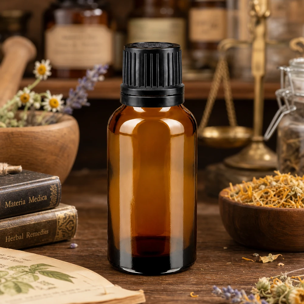 Flacon en verre brun de 20ml avec bouchon vissable noir et bague verseuse Flacon de pharmacie marron de 20 ml, de forme cylindrique élancée, avec un goulot de 8 mm et un bouchon à vis OV