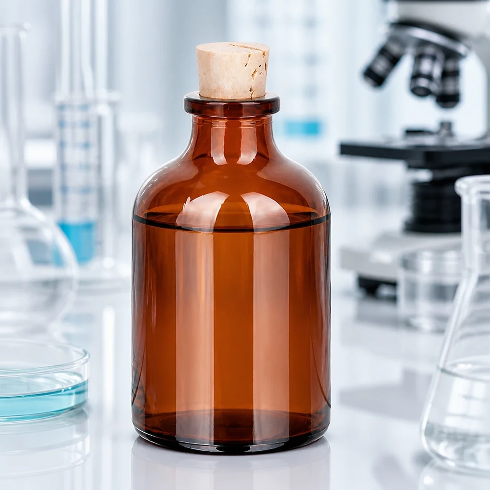 Klassische Braunglasflasche mit zylindrischem Korpus und naturbelassenem Korken 50ml
