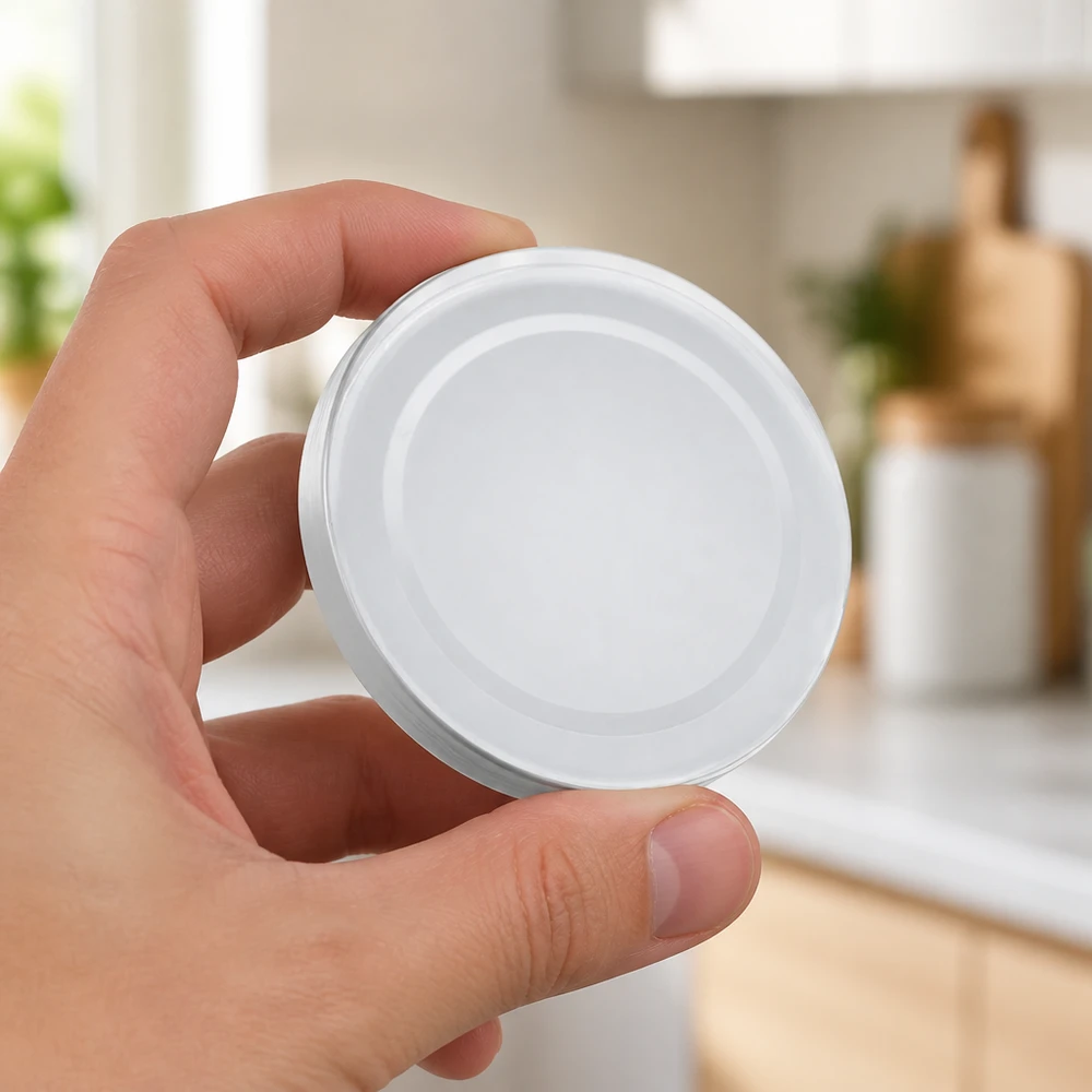 Couvercle BasicSeal blanc de 66 mm (TO66deep) UNiTWIST Couvercle blanc à visser de 66 mm BasicSeal UNiTWIST pour bocaux de conserve – Comparaison des tailles (à la main)