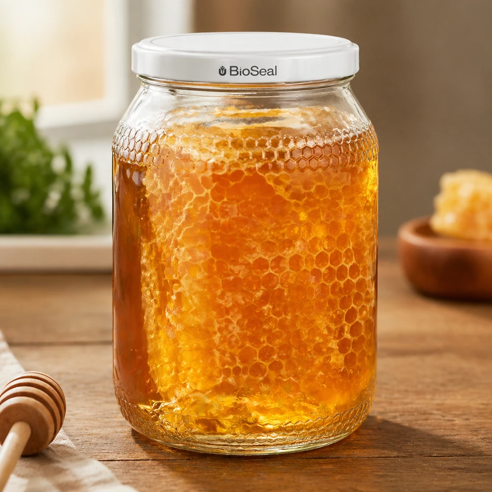 Pot de miel de 900 ml avec couvercle BioSeal rempli de rayons de miel sur une table en bois à côté de la cuillère à miel dans une cuisine chaude