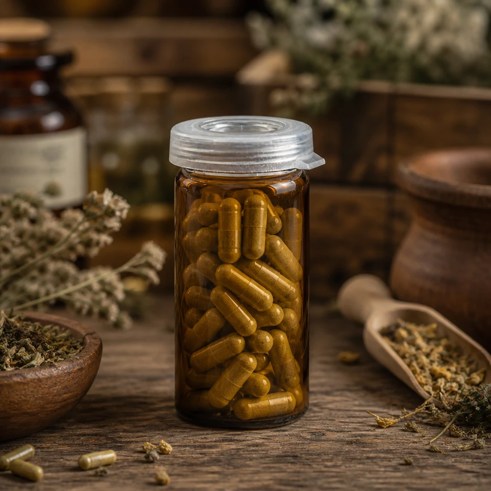 Flacon en verre de pharmacie transparent de 5 ml avec couvercle à encliqueter pour gélules de phytothérapie, posé sur un socle en bois rustique