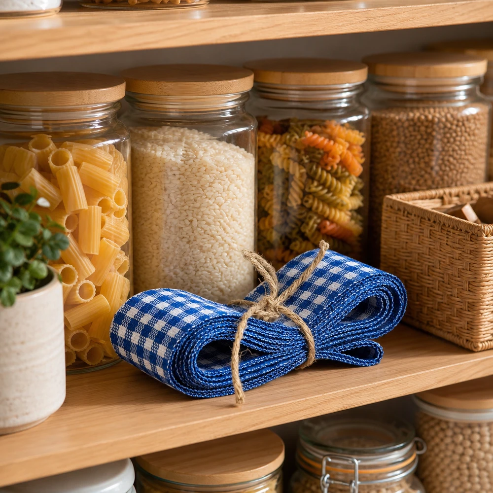 Ruban de tissu bleu et blanc à carreaux 300cm sur une étagère en bois entre des bocaux de stockage avec des pâtes et du riz dans la cuisine