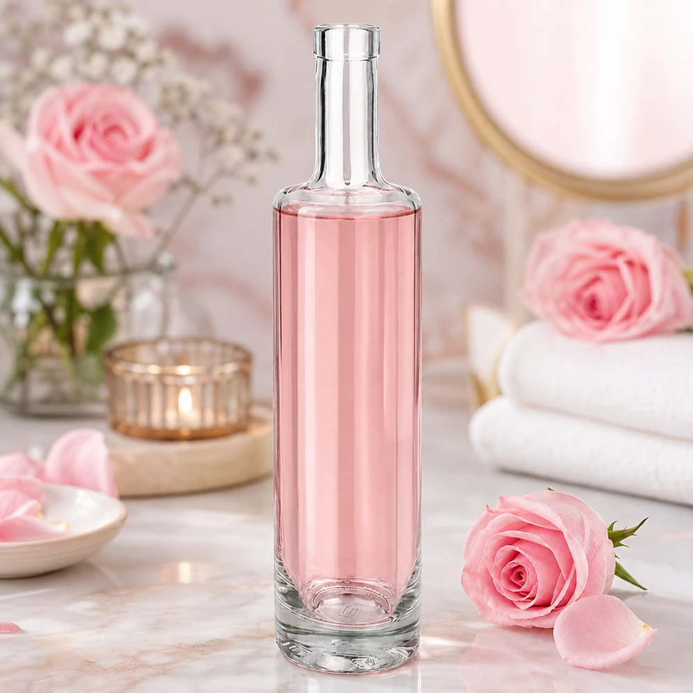 Flacon en verre 500 ml « Lina » sans bouchon UNiTWIST® Bouteille en verre Lina de 500 ml au contenu rose dans une atmosphère de spa romantique avec des roses roses et une décoration de bien-être