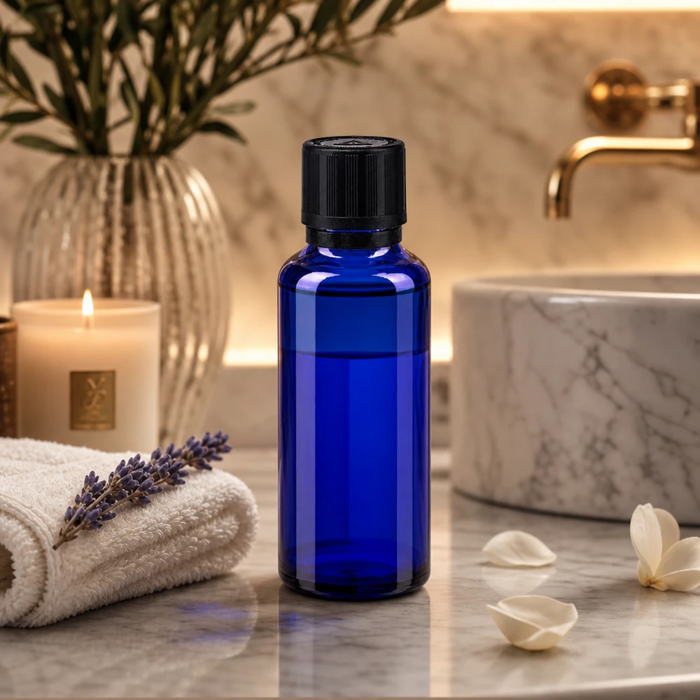 flacon à pharmacie bleu 30ml bouchon inviolable 1mm noir séc. enf. ada.a.ave. bouchon inviolabilité Flacon compte-gouttes bleu cobalt de 30 ml avec embout de 1 mm, dans une salle de bains élégante avec une bougie et une serviette