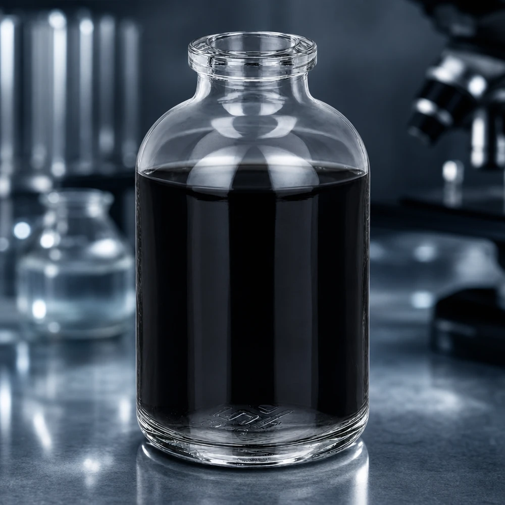 Flacon pour solution injectable, 50 ml en verre clair Hochwertige Klarglas Injektionsflasche 50ml mit schwarzem Reagenz im wissenschaftlichen Labor