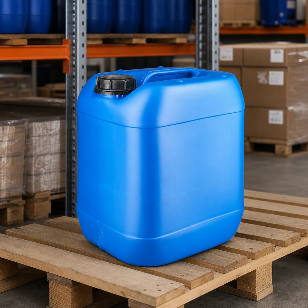 Bidon bleu de 20 litres adapté au contact alimentaire, muni d'un bouchon à vis étanche