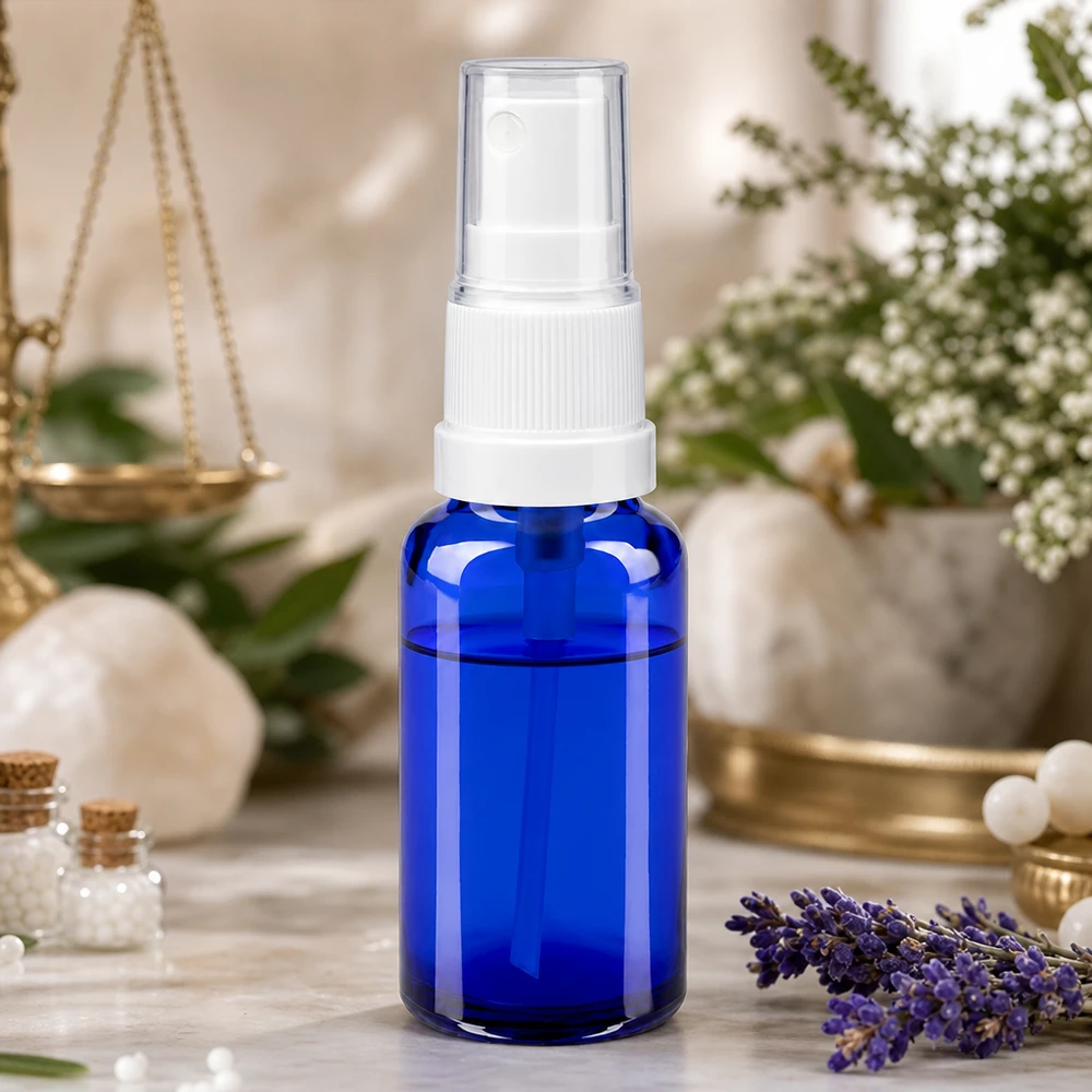 Flacon en verre bleu cobalt de 20 ml avec vaporisateur blanc et bouchon de protection pour cosmétiques naturels