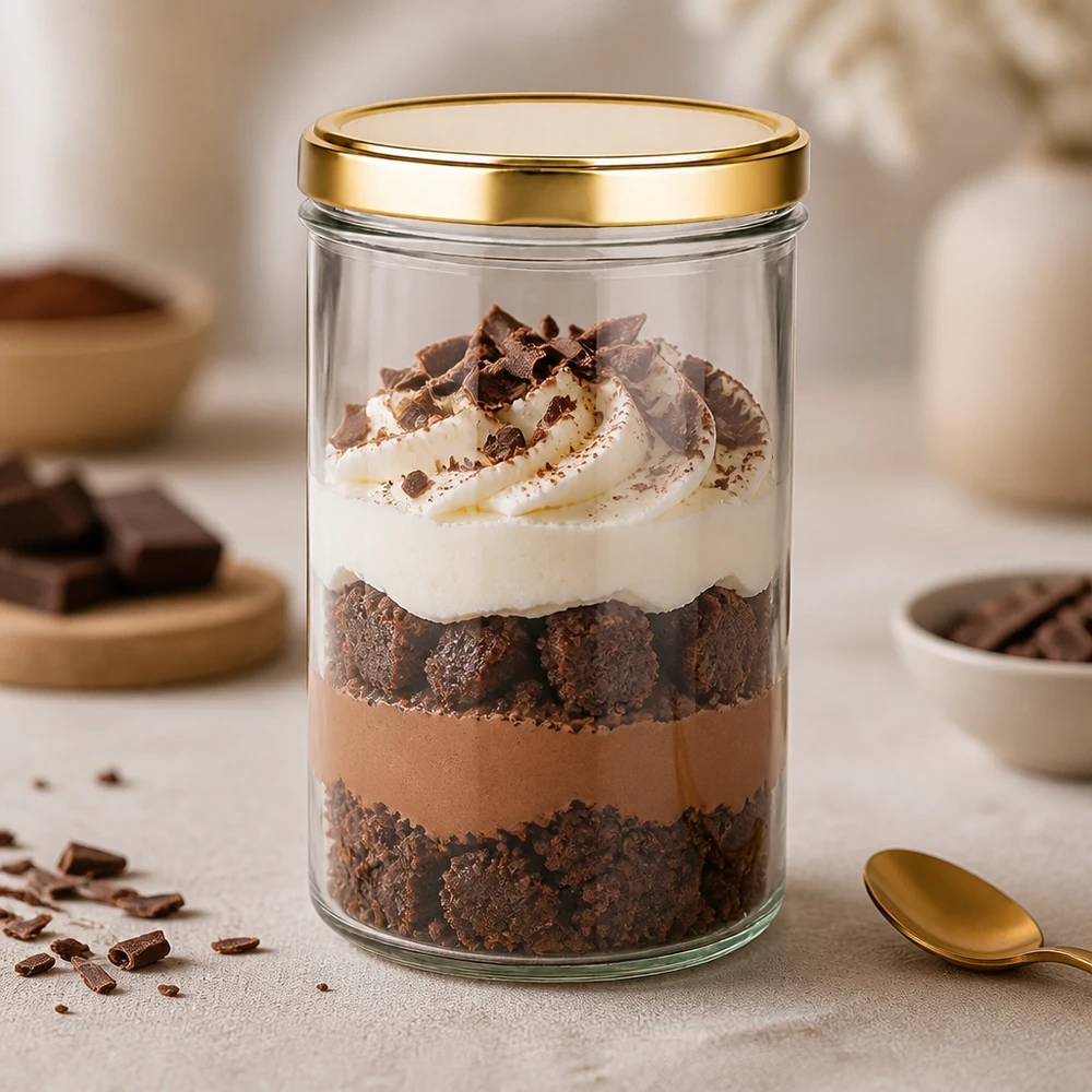 277ml Verre conique avec couvercle BasicSeal or UNiTWIST Verre renversé de 277 ml avec couvercle doré UNiTWIST comme verre à dessert pour tiramisu au chocolat avec crème et cacao