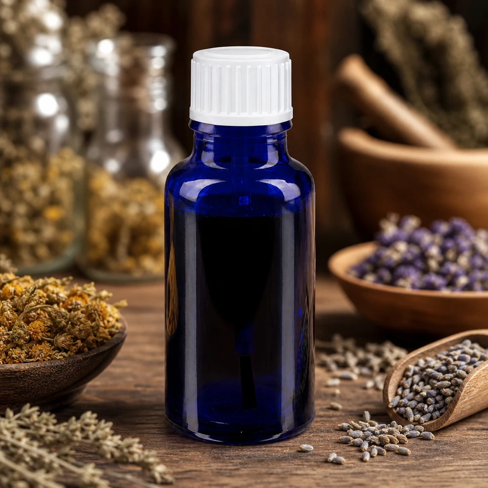Flacon à pharmacie bleu 20ml bouchon à vis blanc pinceau Flacon à pinceau bleu cobalt de 20 ml « ApoGlas », posé parmi des herbes médicinales séchées et des bols en bois