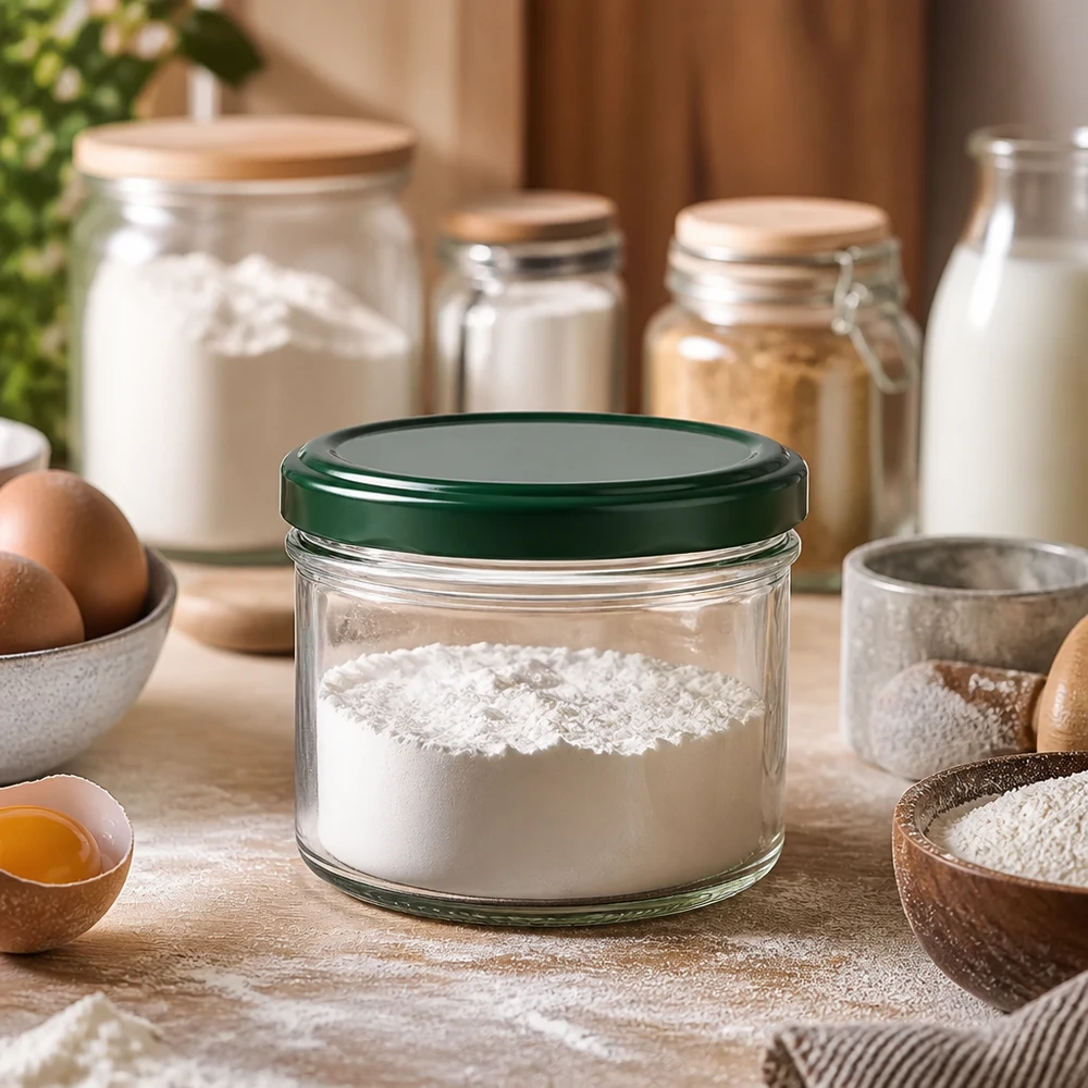 Conservation de la farine dans un bocal cylindrique de 230 ml avec couvercle vert - conservation hermétique pour les ingrédients de boulangerie et de cuisine
