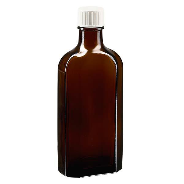 Flasque brune de 150 ml au goulot DIN 22, avec bouchon à vis DIN 22 blanc et bague anti-gouttes Flasque brune de 150 ml au goulot DIN 22, avec bouchon à vis DIN 22 blanc et bague anti-gouttes