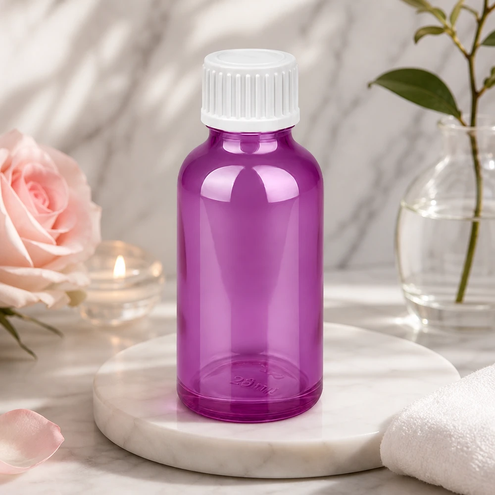 Flacon compte-gouttes 30ml pourpre transparent idéal pour le voyage et le dosage en déplacement